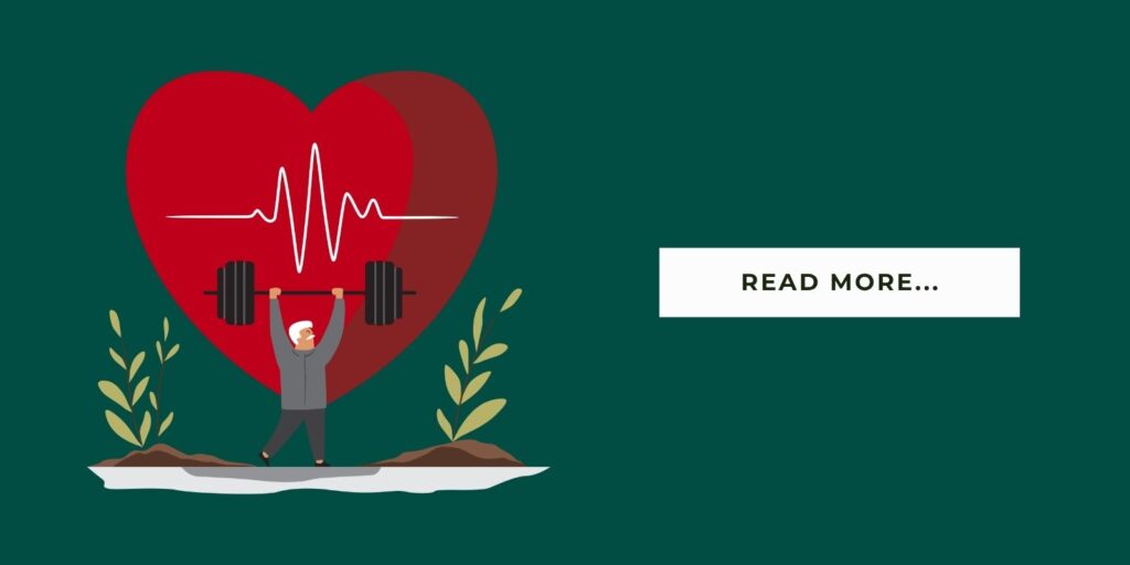 Blog Header Illustration of a senior lifting weight with a heart symbol in the background and it says 'read more'
