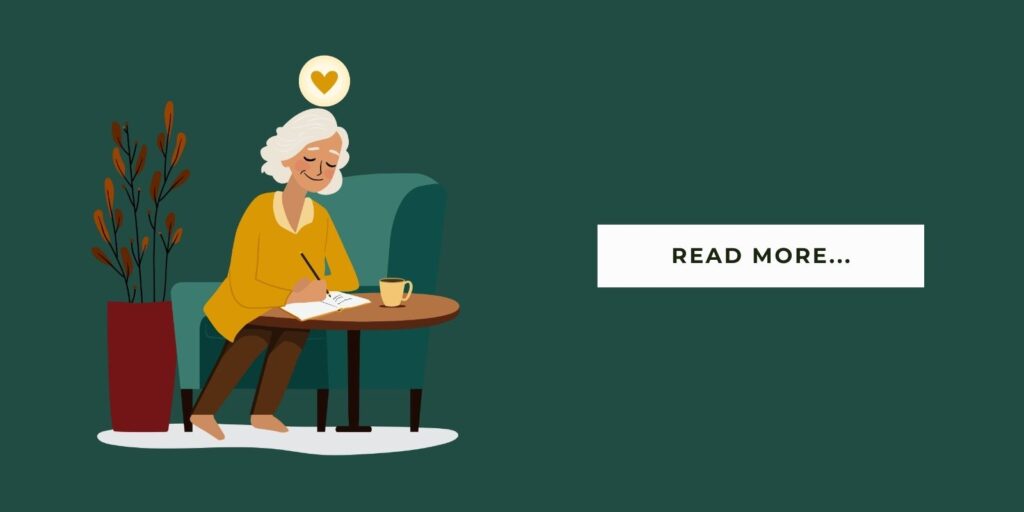 Blog Header Illustration of a senior sitting and taking notes while learning new things and it says 'read more'