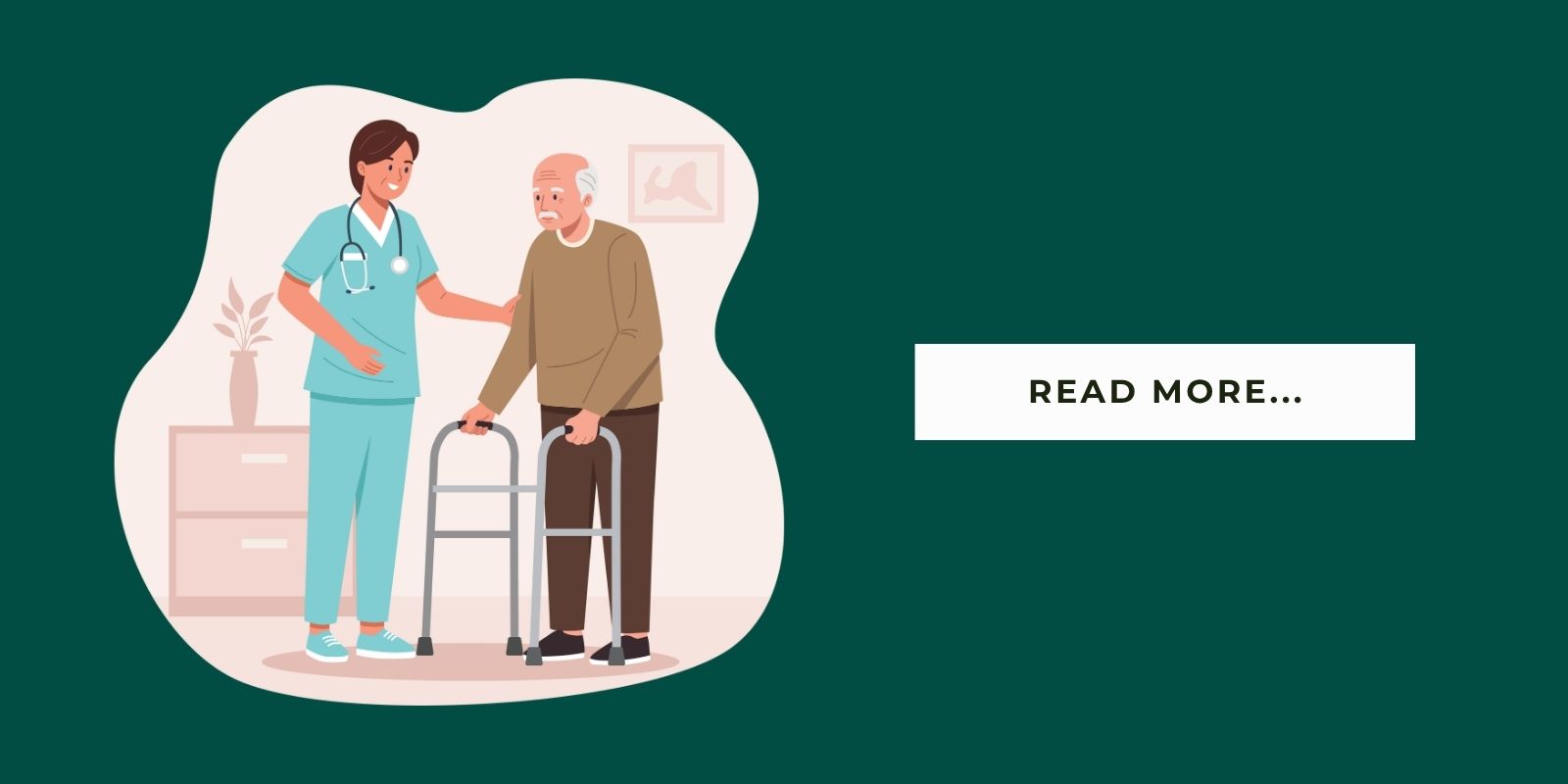 An illustration of a caregiver and a senior in respite care with a button that says, "Read More..."