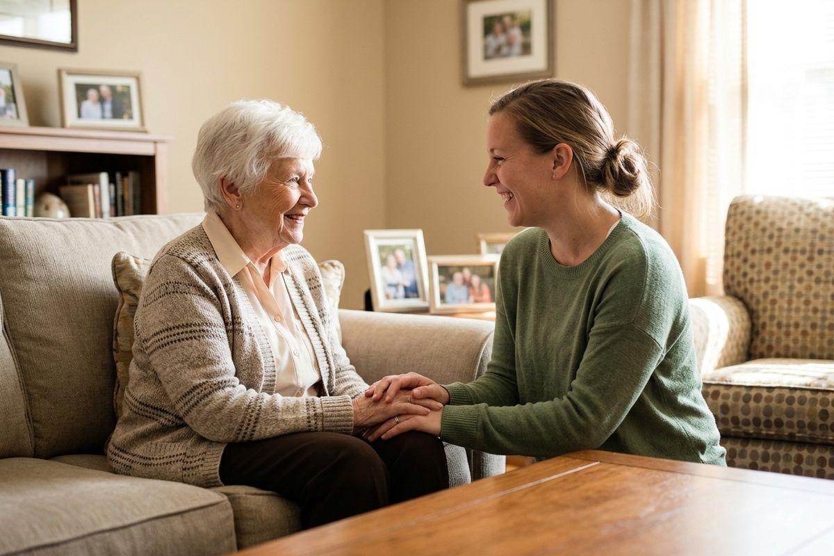a senior sitting and chatting with her senior child