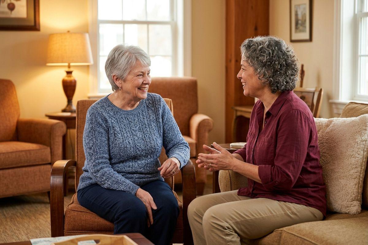 two seniors sitting on a couch speaking to each other