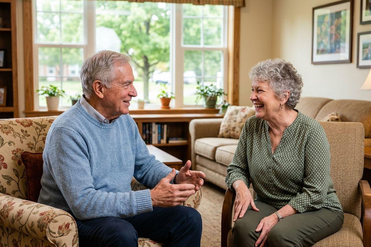 two seniors chatting in a living room