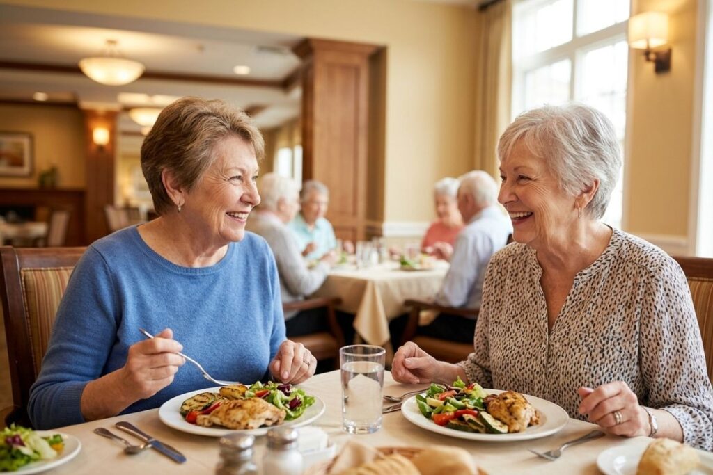 A pair of older adults share a colorful meal in a bright senior living dining room.