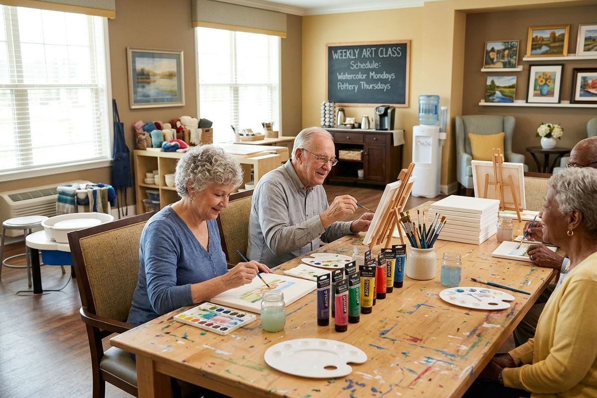 A group of seniors sits together during their weekly art class, painting on canvases.