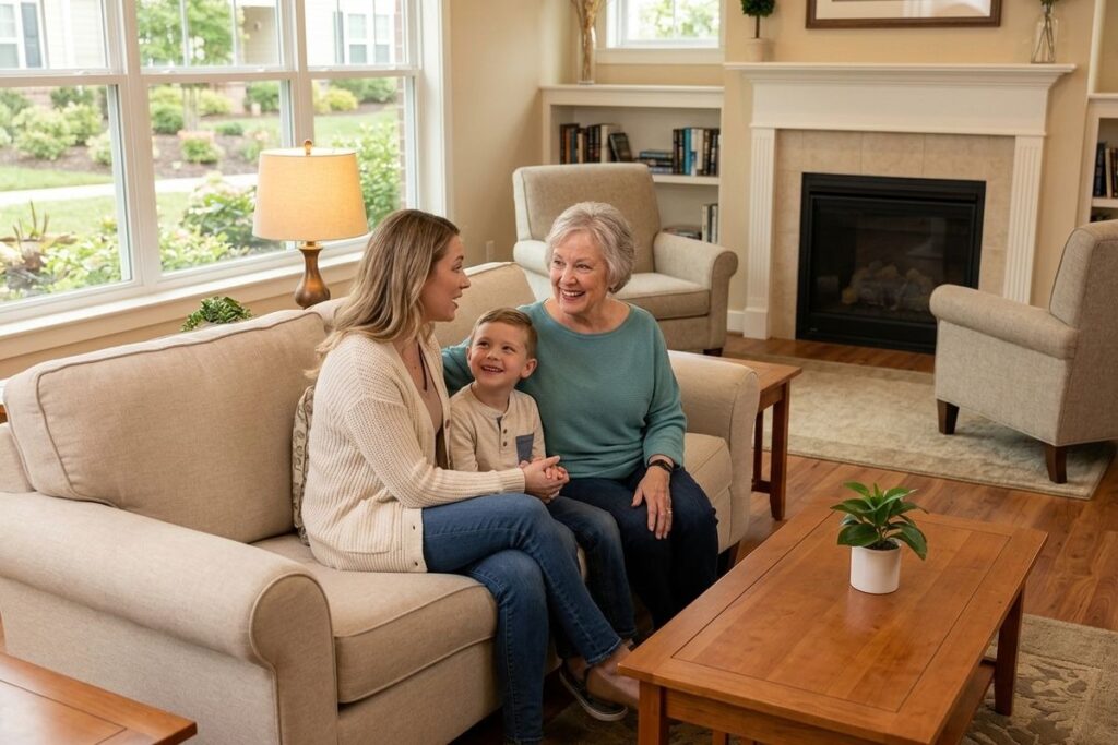 A senior and their visiting family members sit close together in a cozy sitting room.