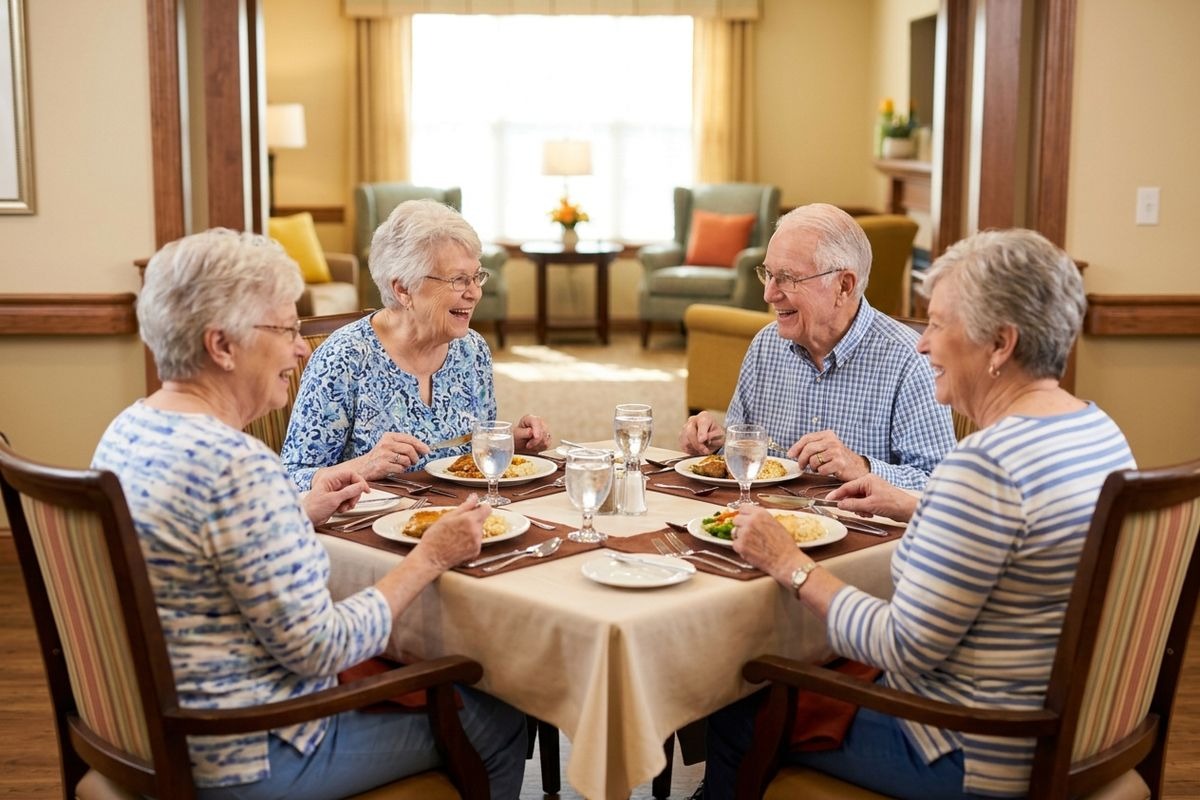 A group of older adults laughs together as they enjoy a savory meal in a senior living dining room.