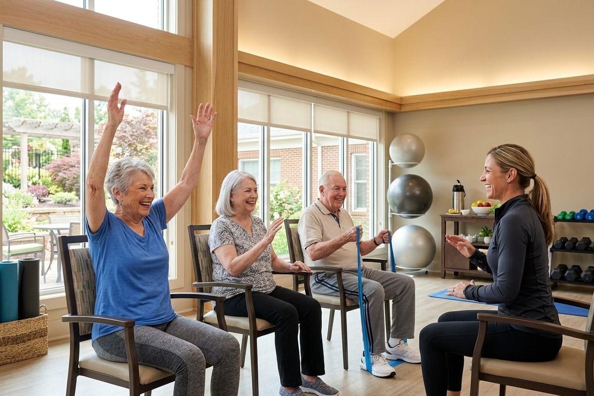 A group of seniors enjoy a group exercise class led by a professional trainer in a senior living community.