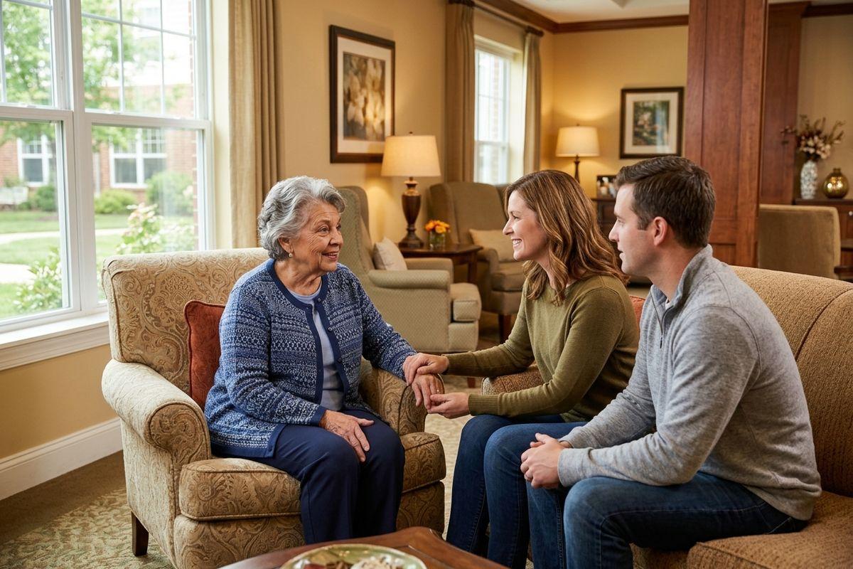 A couple sits down with their parent to discuss their changing health needs and how senior living can help.
