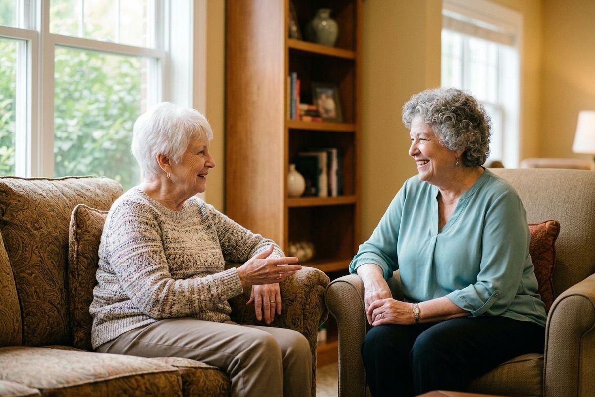 Two happy seniors enjoy a warm conversation together in a welcoming living room at their senior living community.