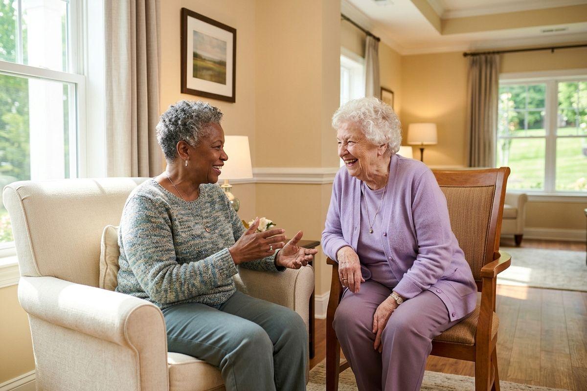 Two friends laugh and chat together in their senior living community.