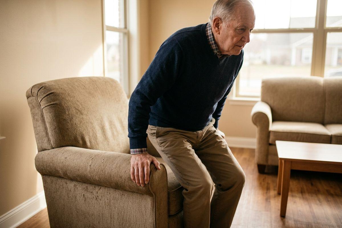 An older adult pushing off an armchair to stand up in a sunlit living room with a sofa and coffee table.
