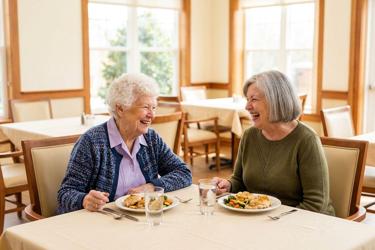 A pair of older adults laughing together over full plates and water glasses at a table in a sunlit dining room in an assisted living community.