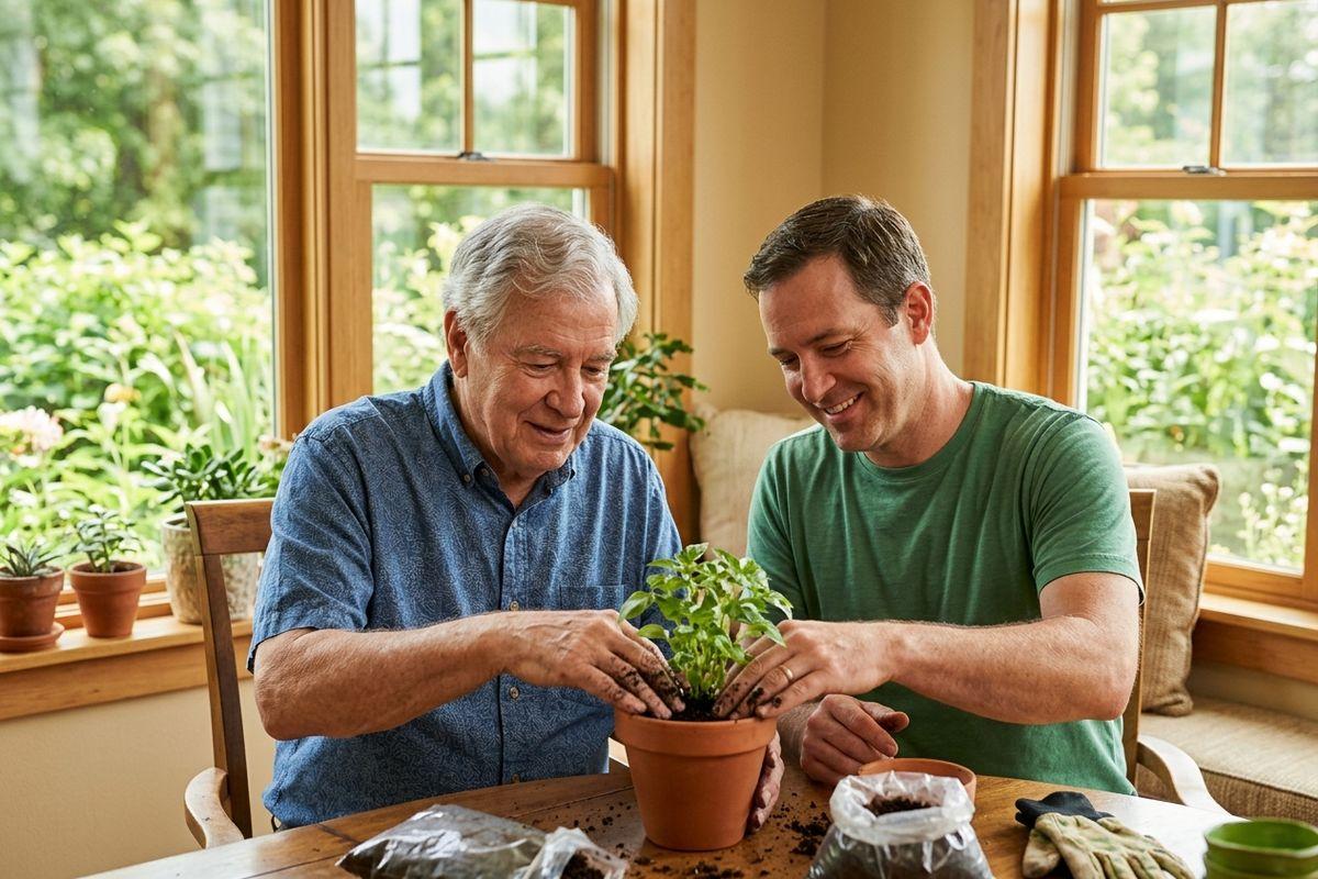 An older adult and younger adult smiling while potting a small plant in a terracotta pot at a wooden table by sunlit windows.