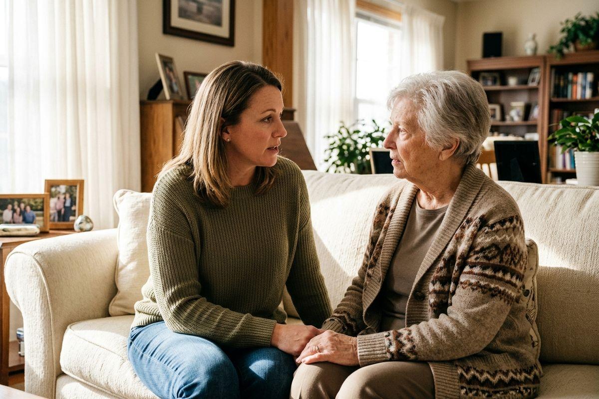 An older adult and their family member sit facing each other on a living room sofa, holding hands and talking with concerned expressions.