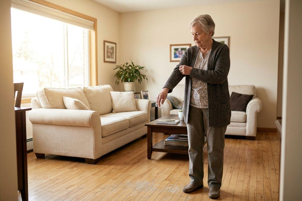 An older adult stands in a sunlit senior living apartment, raising their sleeve while looking down at their hand.