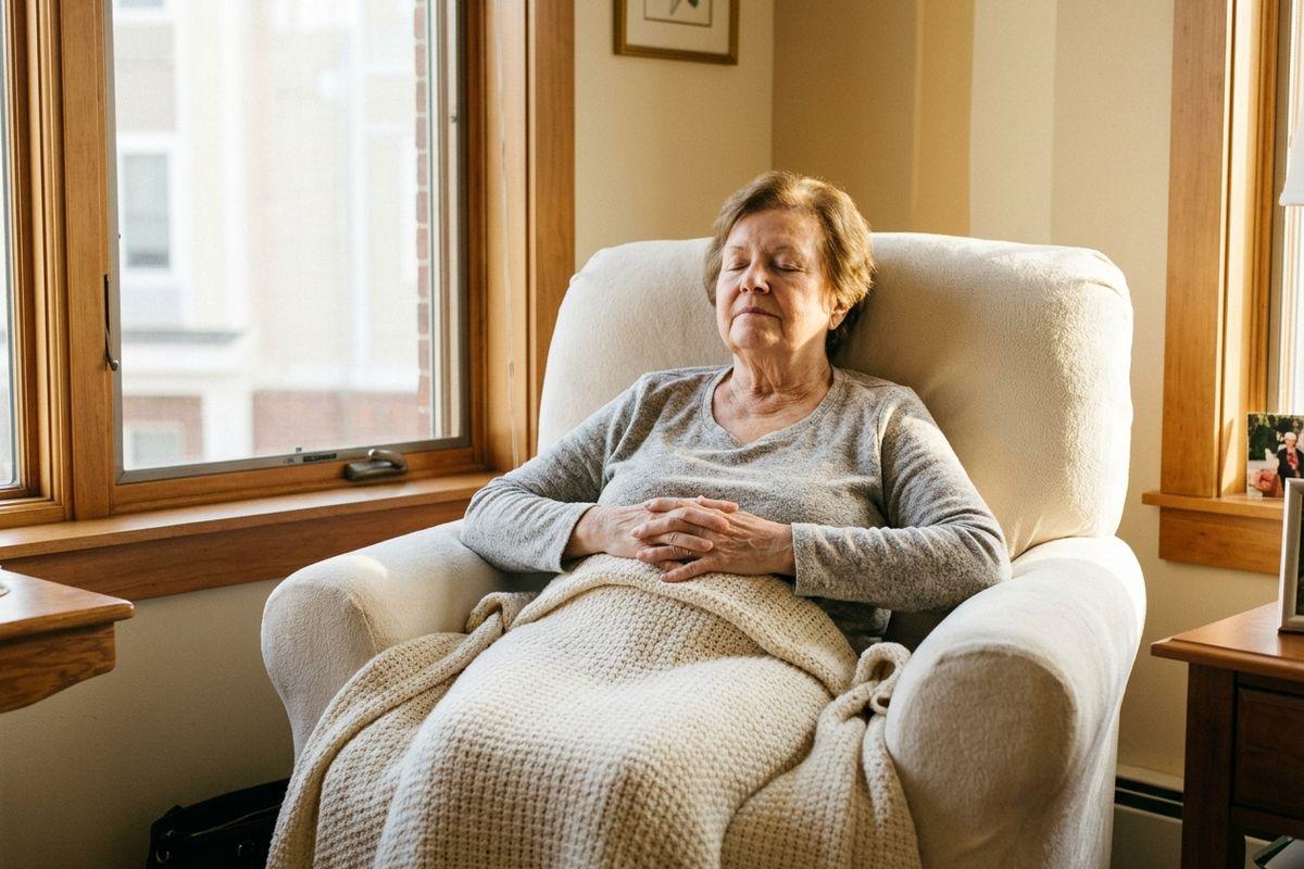 An older adult resting with eyes closed in a cream armchair by a window, hands folded and a knit blanket over their lap.