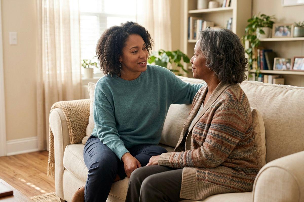 A younger adult sits on a sofa with an older adult, hand on their shoulder, holding hands as they talk in a sunlit living room.