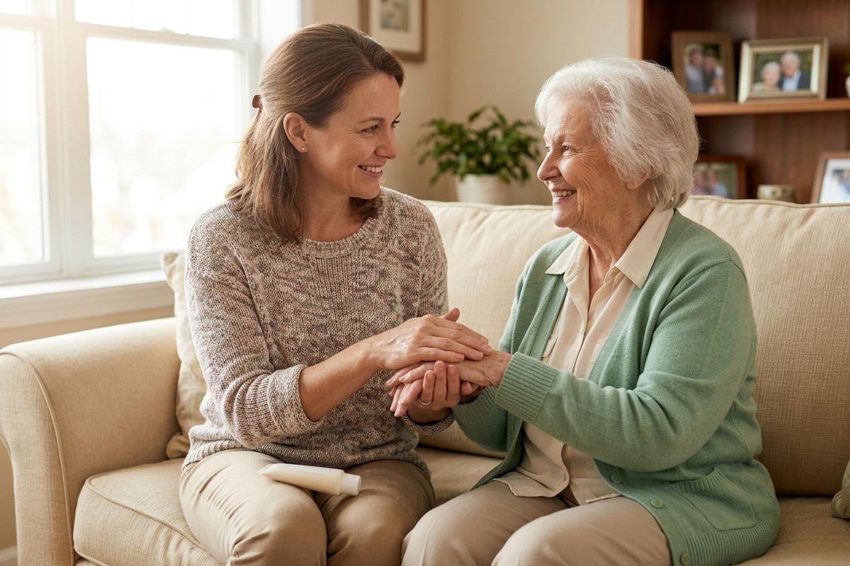 An older adult sits on a sofa with a loved one, smiling as their family member gently massages their hands with lotion.